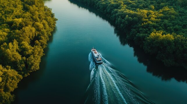 A border patrol boat cruising along a river border, ensuring security against illegal crossings