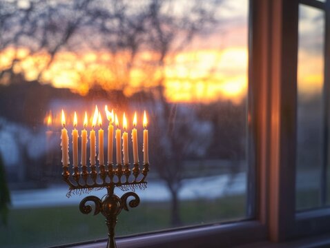 A traditional Jewish yamaka candle holder on a window sill, with lit candles casting a warm evening light.