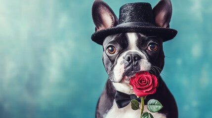 A dapper black and white French Bulldog wearing a top hat and bow tie, holding a red rose in its mouth.