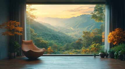 Fototapeta premium Mountain view living room sunset relaxation design