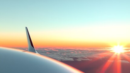 Airplane wing against a vibrant sunset sky, showcasing clouds and a serene atmosphere