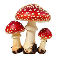 Close-up image of three Amanita muscaria mushrooms against a black background.