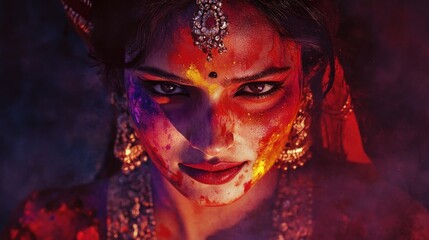 Indian woman with traditional festival face paint, adorned in jewels and colorful attire.