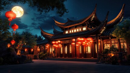 A Chinese pagoda-style temple house with red lanterns and curved roofs