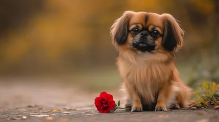 Cute Pekingese dog sitting gracefully beside a red flower in a serene outdoor setting.