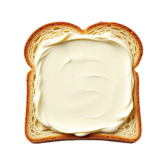 Overhead closeup of a single slice of toasted bread with a spread of mayonnaise.