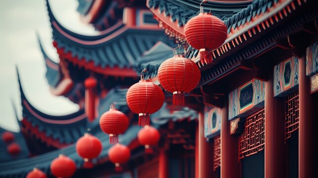 A Chinese pagoda-style temple house with red lanterns and curved roofs