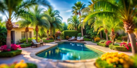 Backyard Oasis: Lush Palm Trees & Relaxing Poolside Escape - Tilt-Shift Photography