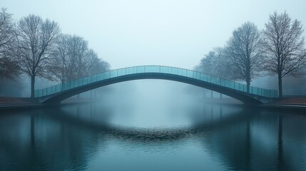 Obraz premium Foggy bridge reflection, winter park, tranquil scene, serene
