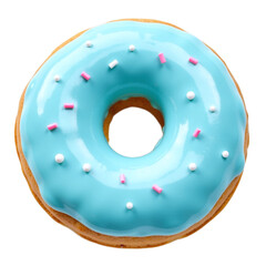 A single, light blue glazed donut with white and pink sprinkles.