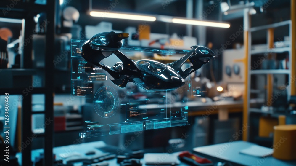 Poster futuristic vehicle design with holographic interface in a tech workshop setting