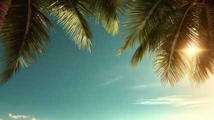 Fototapeta premium tropical summer postcard with palm leaves, exotic flowers, and a bright blue sky, space for text
