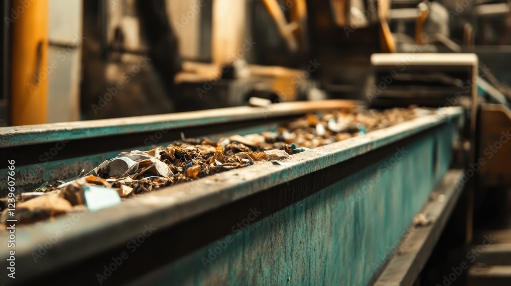 Poster a closeup of a conveyor belt transporting sorted waste materials highlighting a mix of organic and r