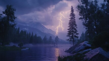 Night Storm over Mountain Lake: Dramatic Lightning Strike Illuminates Misty Forest and Rocky Shoreline