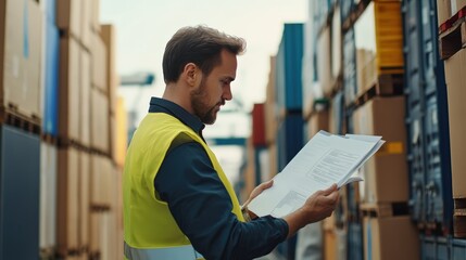 A customs agent examining imported goods and checking import duty documents