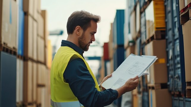 A customs agent examining imported goods and checking import duty documents