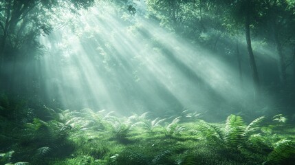 Sunbeams pierce misty forest, ferns foreground, game background