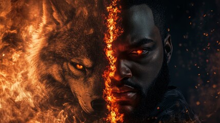A fusion of man and wolf, exhibiting a glowing red eye and immersed in flames