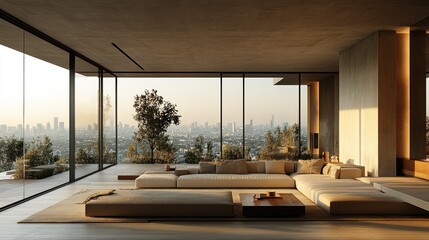 Fototapeta premium Modern living room, city view, sunset, luxury home, architecture