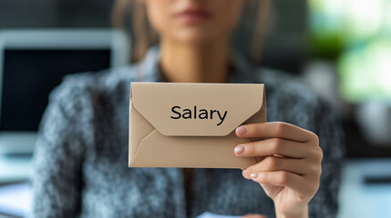 Photo of a person holding a white card or envelope labeled 'Salary,' representing salary payment and personal finance.