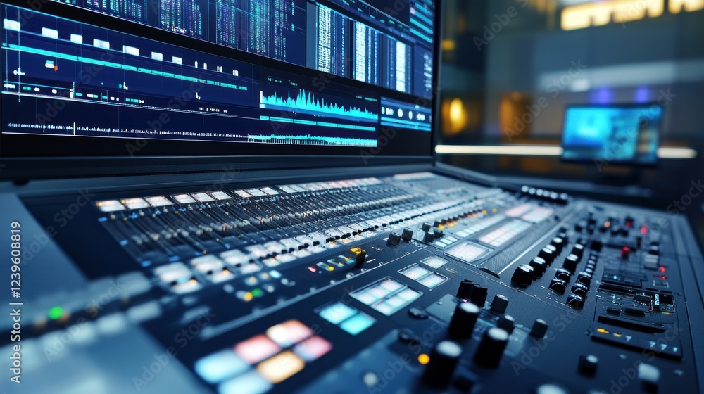 Poster audio mixing console with screen displaying audio waveforms in recording studio