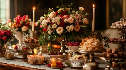 A festive table adorned with elegant floral arrangements, candles, and sweets for a March 8 gathering