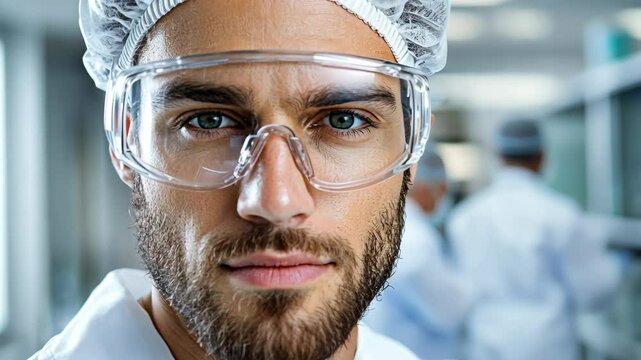 Focused male scientist in protective eyewear conducts serious research in laboratory as biohacker.
