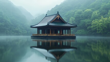 Fototapeta premium A floating temple house on a serene lake with reflective surfaces