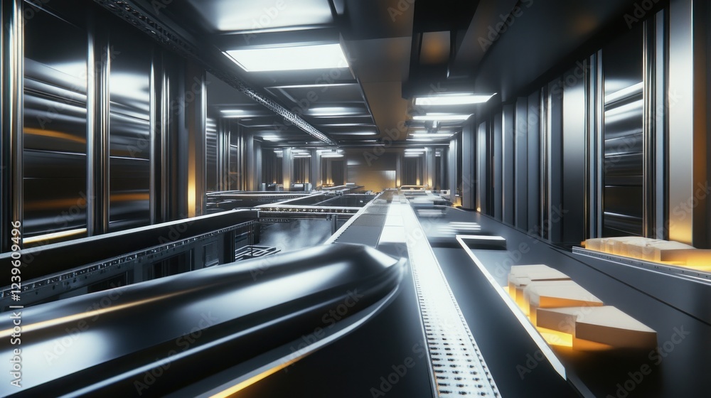 Poster futuristic automated conveyor system transporting packages in an industrial setting