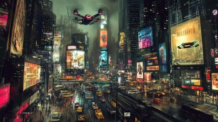 Obraz premium Futuristic Cityscape with Smart Vehicles, Drones, and Digital Billboards in High-Tech Urban Life