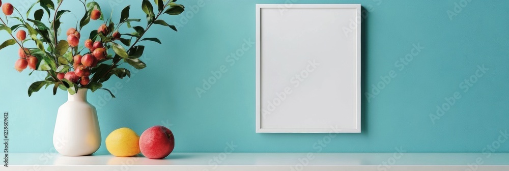 Poster fresh still life with vibrant fruits and a blank frame on a teal wall featuring greenery and minimal