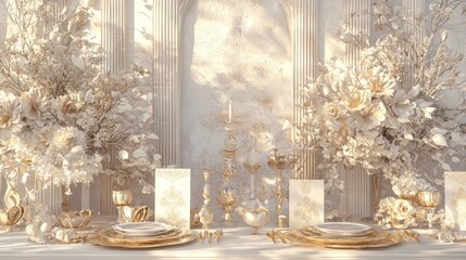 Valentine mockup card minimalist design. Elegant Gold Table Setting with White Floral Arrangements and Decorative Candles Background.