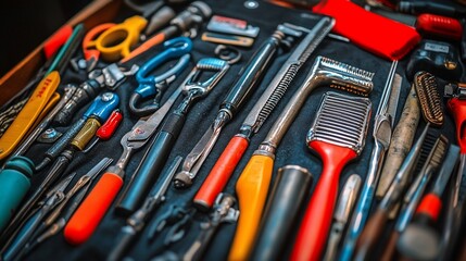 Colorful Assortment Of Tools In A Black Drawer
