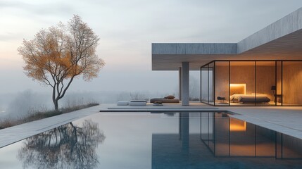 Fototapeta premium Modern minimalist house, pool, autumn tree, foggy hills, luxury home design