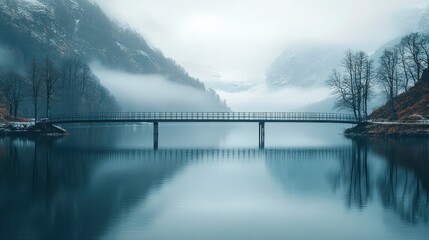 Fototapeta premium Misty fjord bridge reflection, calm lake, winter