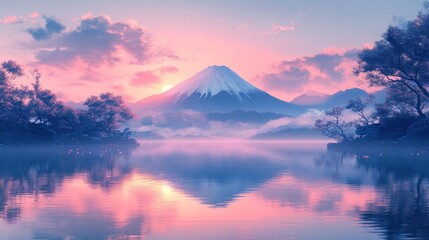 Fototapeta premium Sunrise over Fuji, misty lake, winter trees, peaceful scene, travel poster