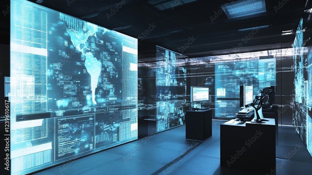 Aufkleber futuristic data center with glowing screens displaying global information analysis