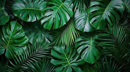 A stunning display of lush green tropical leaves, creating a fresh and vibrant natural texture for backgrounds and design inspiration.