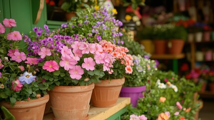 A charming display of colorful potted flowers in a lively garden shop, radiating beauty, freshness, and a touch of nature&rsquo;s elegance.