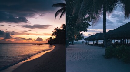 Fototapeta premium Tropical beach split view day and night palm trees sunset and sea
