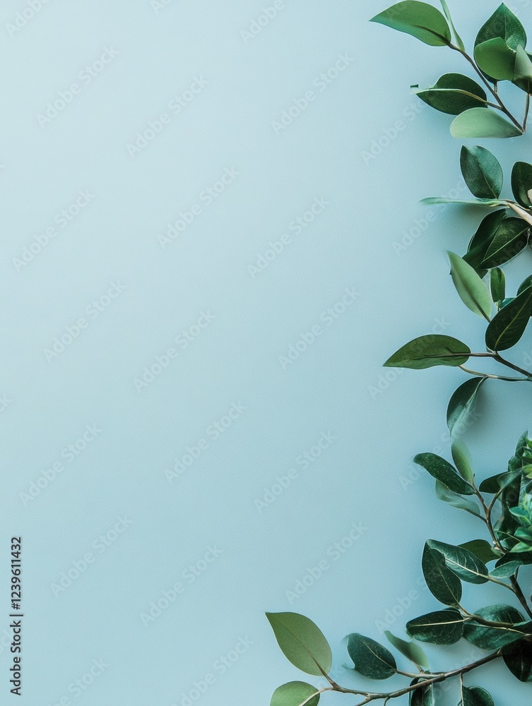 Poster fresh green leaves arranged on a smooth light blue background creating a serene and natural composit