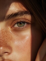 An artistic shot featuring shadows across a freckled face, highlighting the natural beauty and texture of skin.
