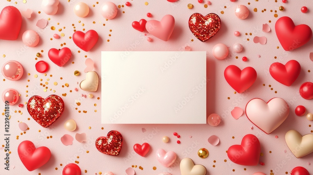 Poster valentine mockup card minimalist design. heart shapes and confetti on pink background with white rec