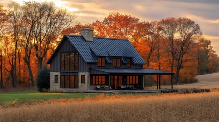 Fototapeta premium A large house with a porch and a fireplace sits in a field of tall grass