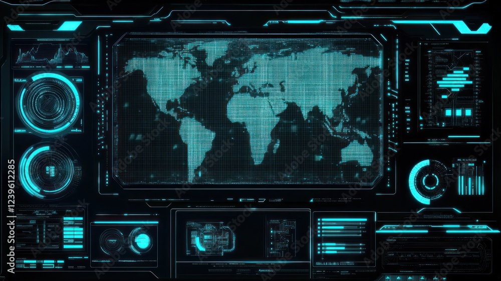 Poster futuristic global interface displaying data with intricate technology features