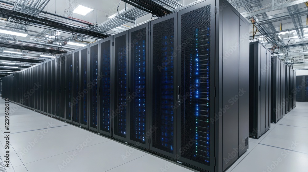 Poster data center server room with rows of racks for cloud computing and it infrastructure