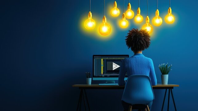 Person working on a computer in a cozy, illuminated workspace. influencer marketing content creation concept