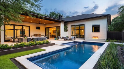 Fototapeta premium Luxury home outdoor living space with pool and fire feature at dusk