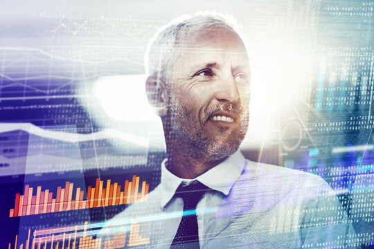 Business, man or overlay of stock market graph for investment growth, trading analysis or financial forecast. Happy night trader, mature person or reading economy news for currency exchange or review
