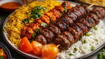 Plate of Delicious Kebabs, Rice, and Traditional Middle Eastern Dishes for the Eid Feast